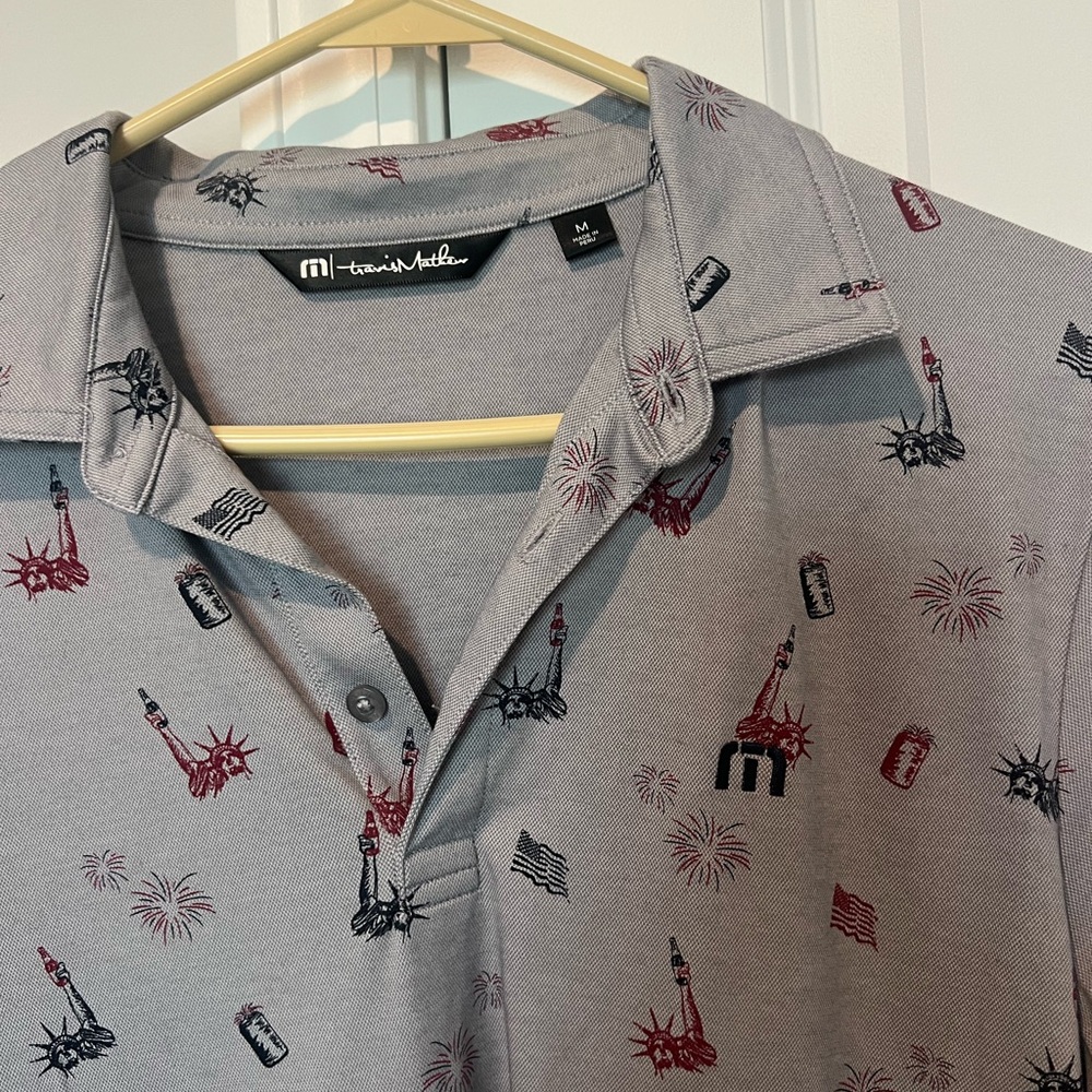 TravisMathew Justice In Beer Polo Mens M Gray Golf Shirt Patriotic Print - Picture 8 of 10